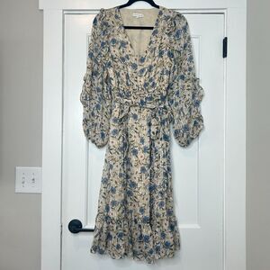 Anthropologie Moon River Blue Floral Midi Dress Tie Waist Ruffle Size Small